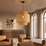 Maren woven bamboo pendant in a boutique hotel lobby