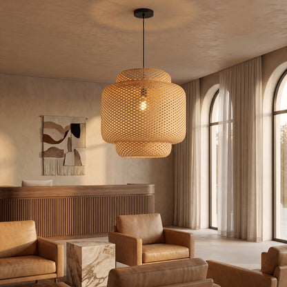 Maren woven bamboo pendant in a boutique hotel lobby