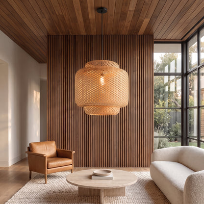 Maren woven bamboo pendant in a living room with a walnut slat wall