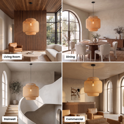 Maren woven bamboo pendant shown in living room, dining, stairwell and commercial settings