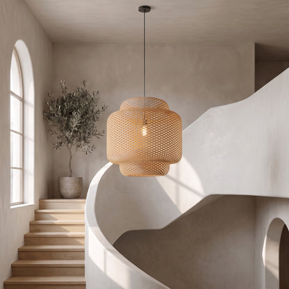 Maren woven bamboo pendant in a curved stairwell