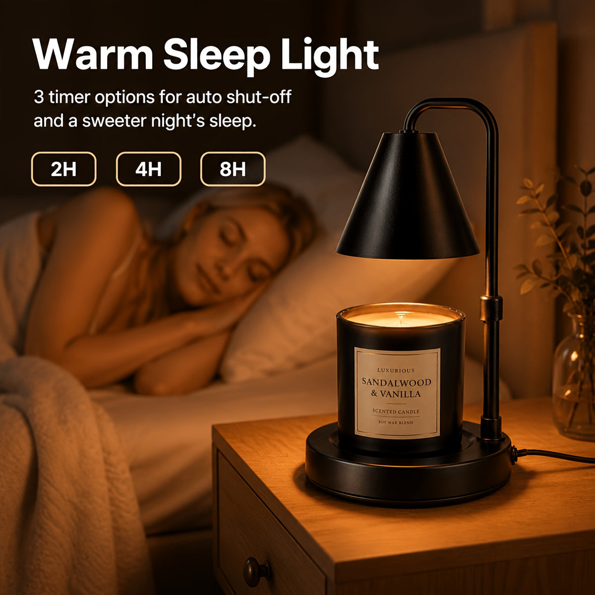 Black candle warmer lamp styled on a family room shelf