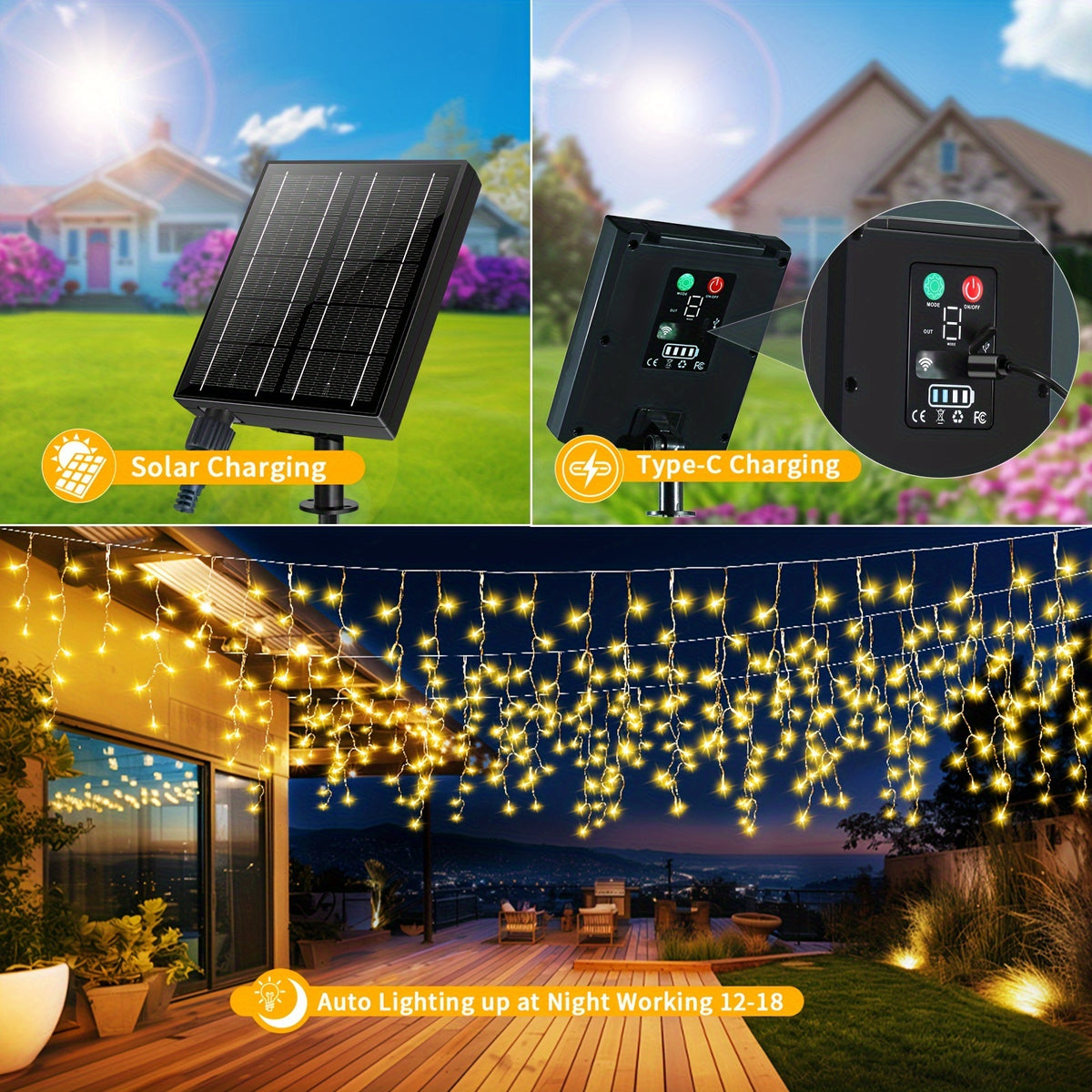 Solar Icicle Lights, 76 ft 600 LED Christmas Lights, 8 Modes, Remote