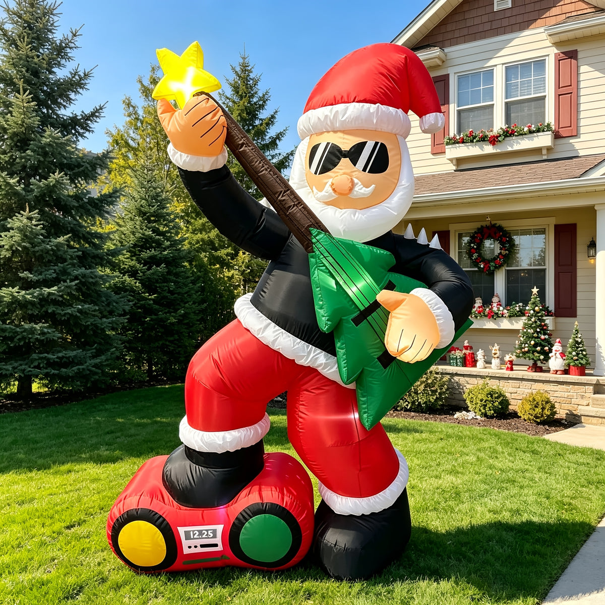 Christmas Yard Inflatable Decorations, 6 ft Rock Star Santa, LED Lighted, Guitar & Radio Base