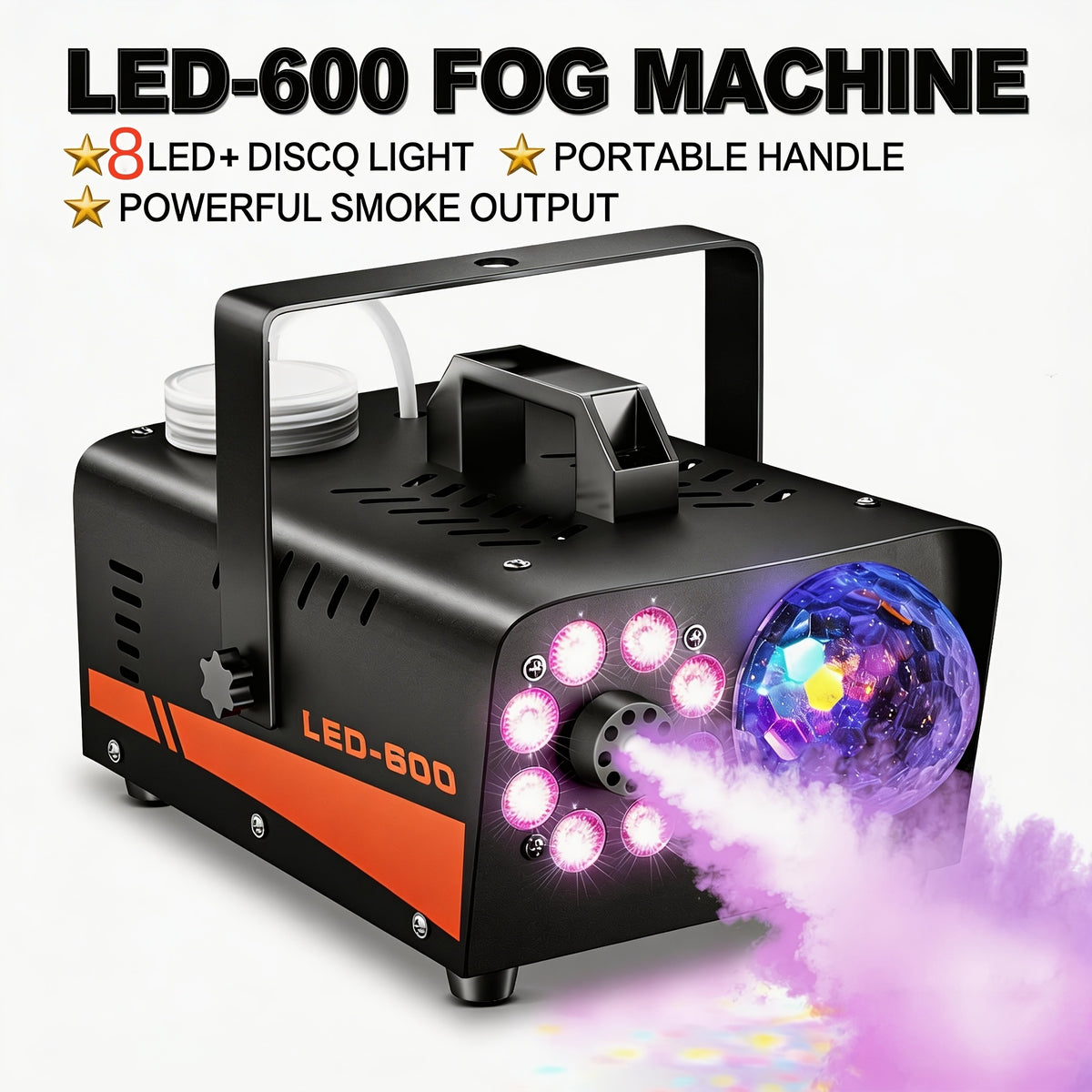 600W fog machine with black iron housing and front LED panel