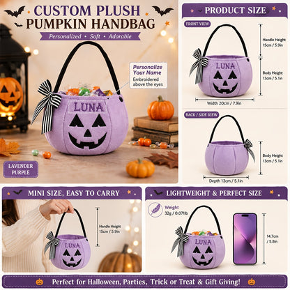 Personalized Embroidered Halloween Pumpkin Candy Bag, Custom Name Plush Candy Bucket with Bow