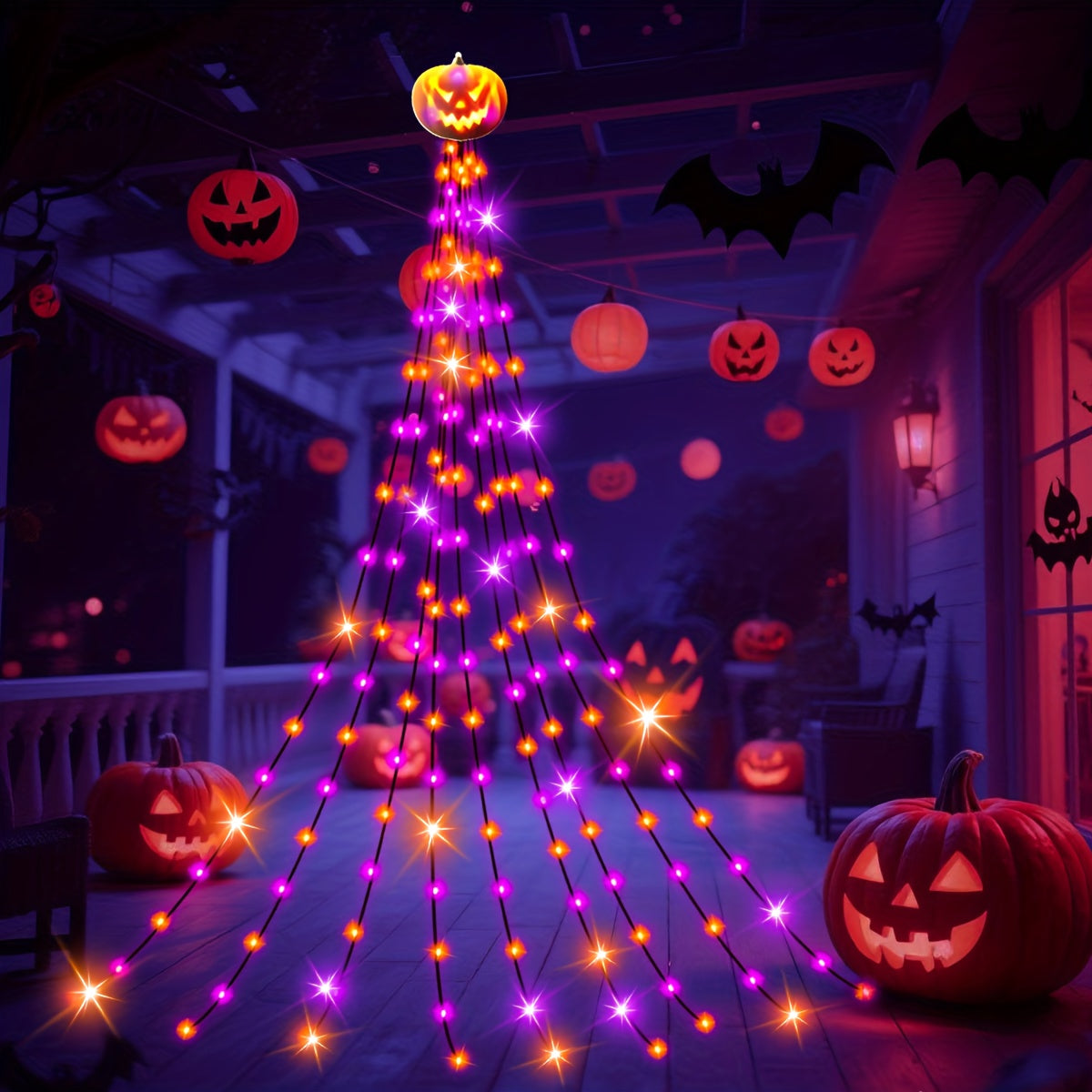 Pumpkin string lights draped over porch railing