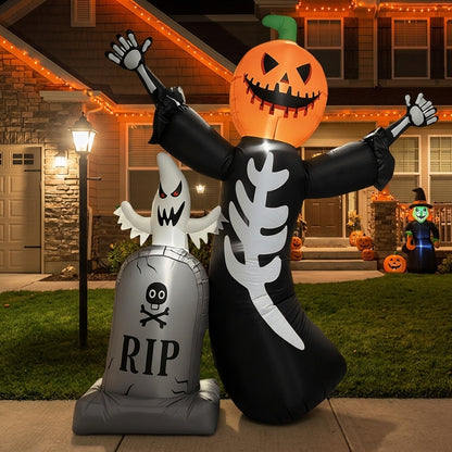 Close-up of pumpkin head skull design on inflatable