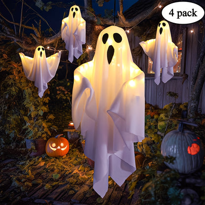 Hanging ghost decorations on a porch