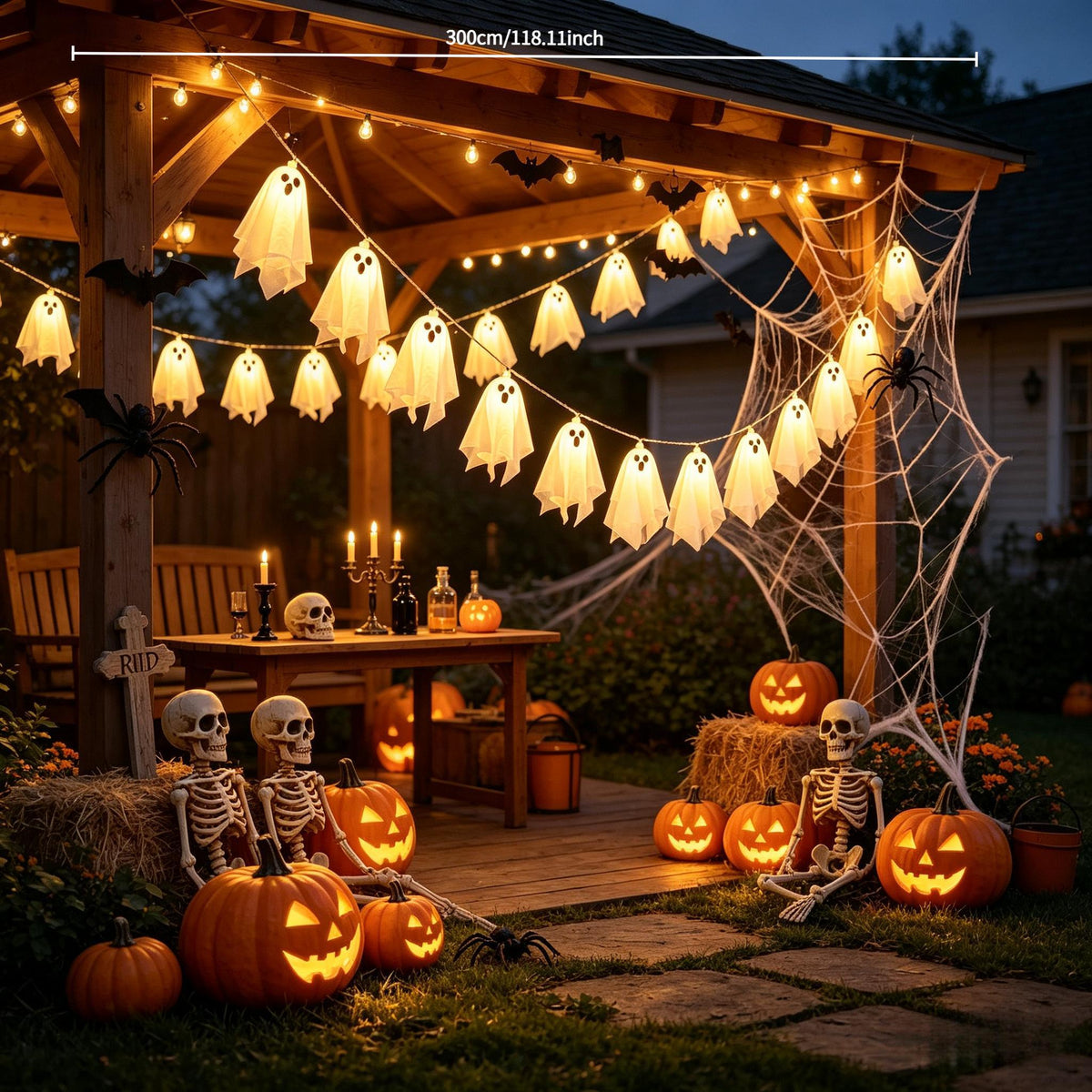 Ghost string lights draped along an indoor window frame at night
