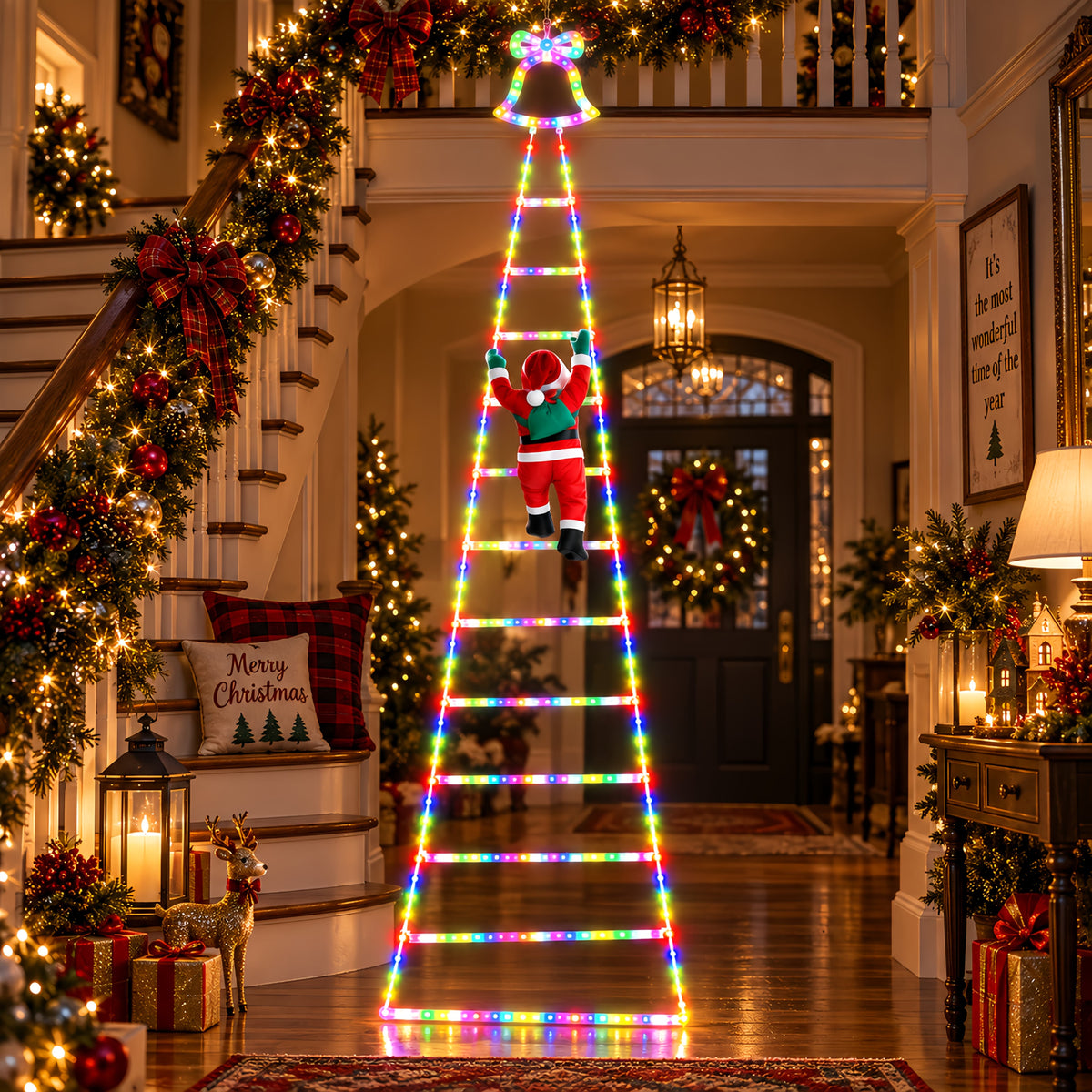Outdoor Christmas Decorations, Climbing Santa Ladder Lights, 255 LED, Dimmable, USB Charging