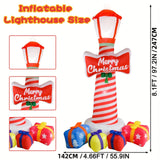 Stacked gift boxes at the base of the inflatable Christmas lighthouse