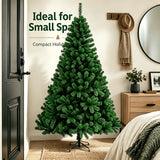 Branch tip detail on the unlit green artificial pine tree