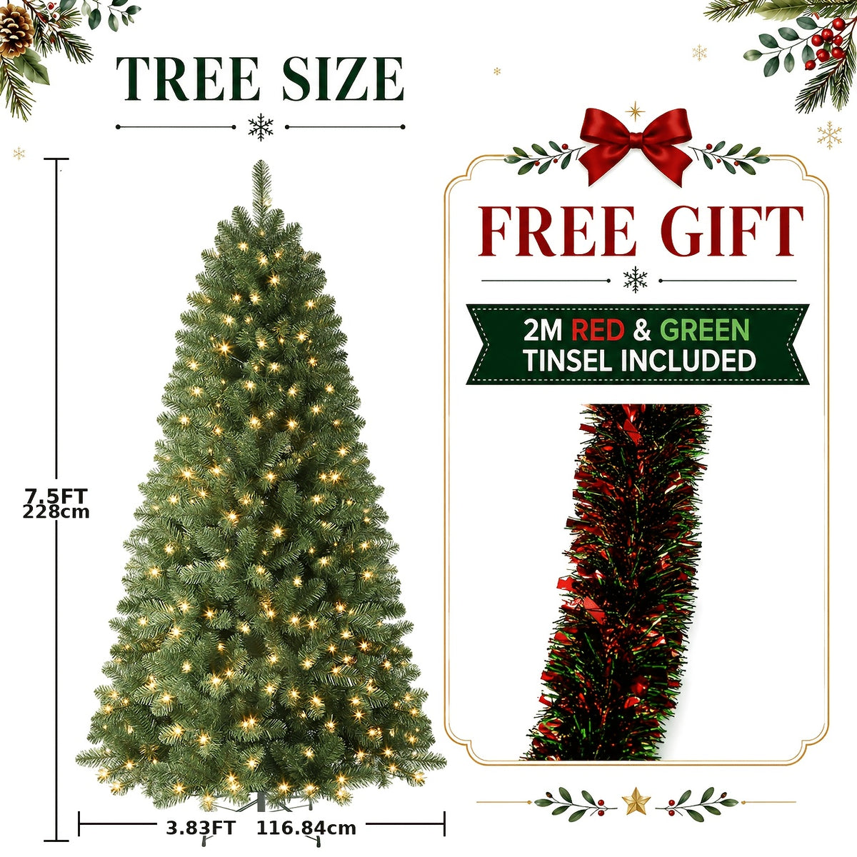 Lush artificial Christmas tree in sizes from 4 ft to 7.5 ft