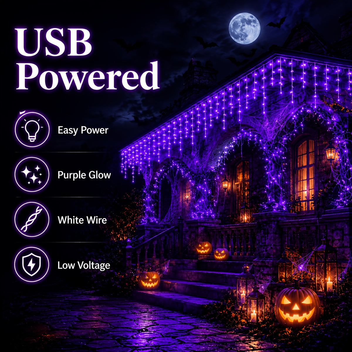 USB power cable detail on icicle string lights