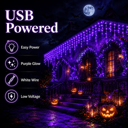 USB power cable detail on icicle string lights