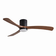Modern flush-mount ceiling fan with light, clean studio product shot, wood tone
