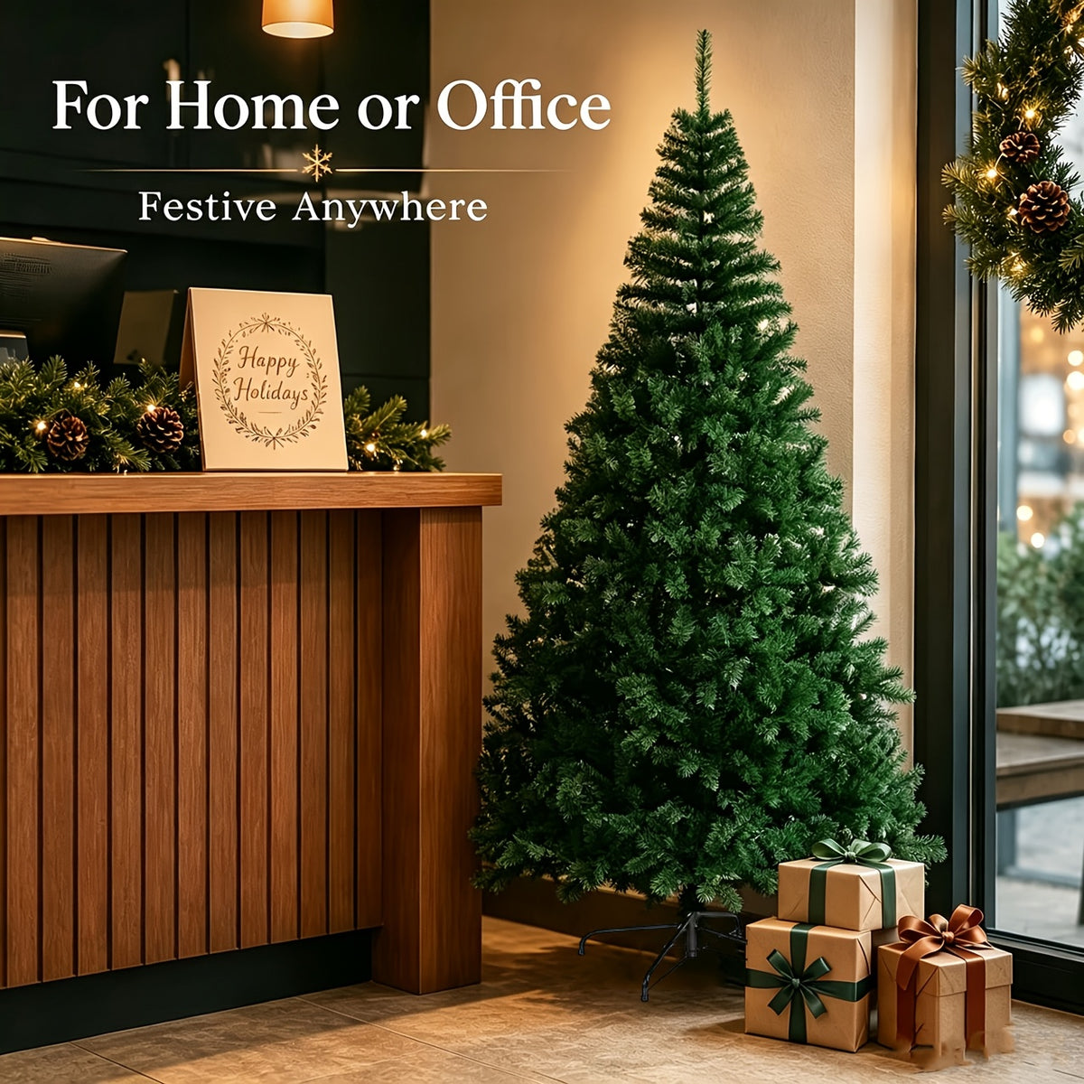 Green artificial Christmas tree shown undecorated against a plain background