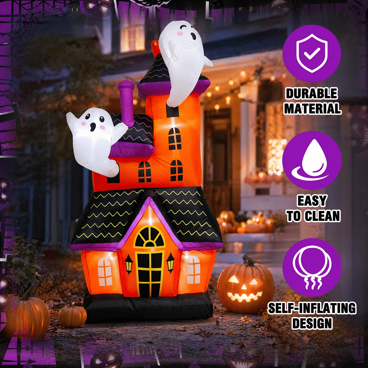 Large inflatable haunted house ghost castle decoration lit up in a yard - view 8