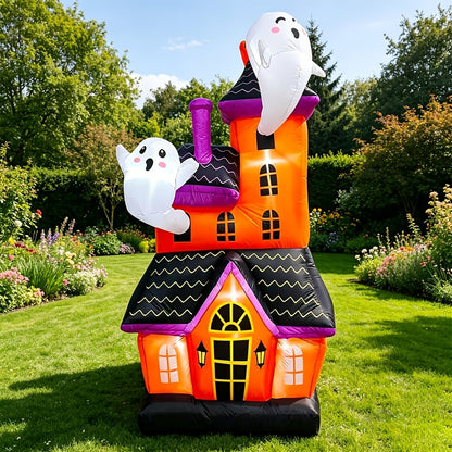 Inflatable white ghost castle lit up on a front lawn at night
