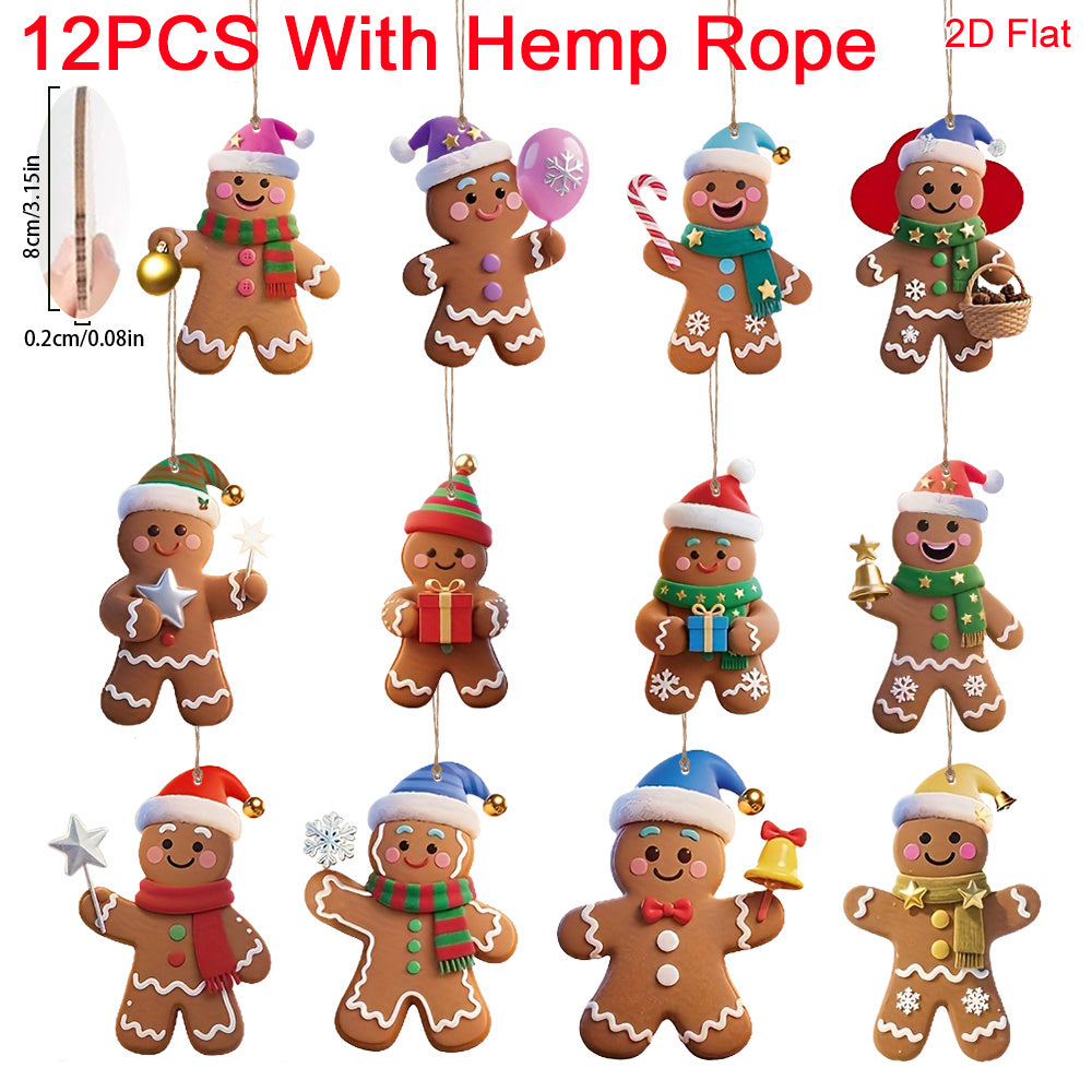 Christmas Tree Decorations, 12 Gingerbread Man Ornaments, 3.15 Inch Flat Wood Hanging Pendants