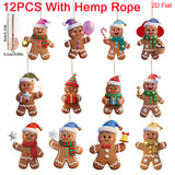 Christmas Tree Decorations, 12 Gingerbread Man Ornaments, 3.15 Inch Flat Wood Hanging Pendants