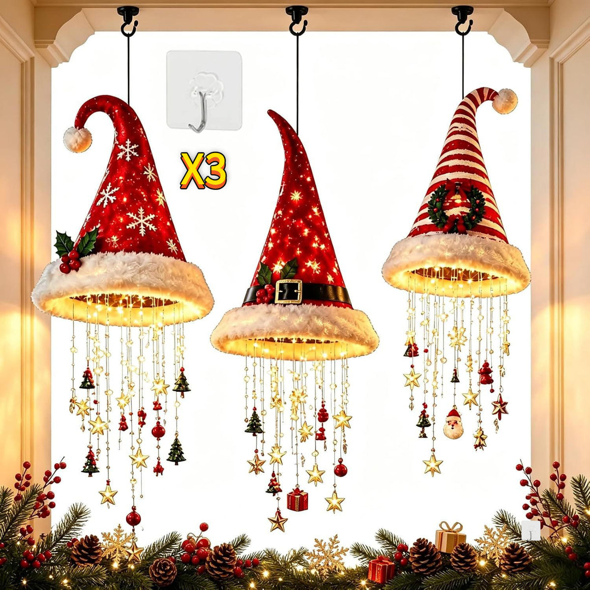 Christmas Decorations, Set of 3 LED Santa Hat Lights with Hooks, Indoor Window & Porch Decor