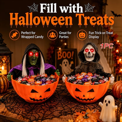 Light-up Halloween figure table lamp with sound effects, available as a skeleton or a witch