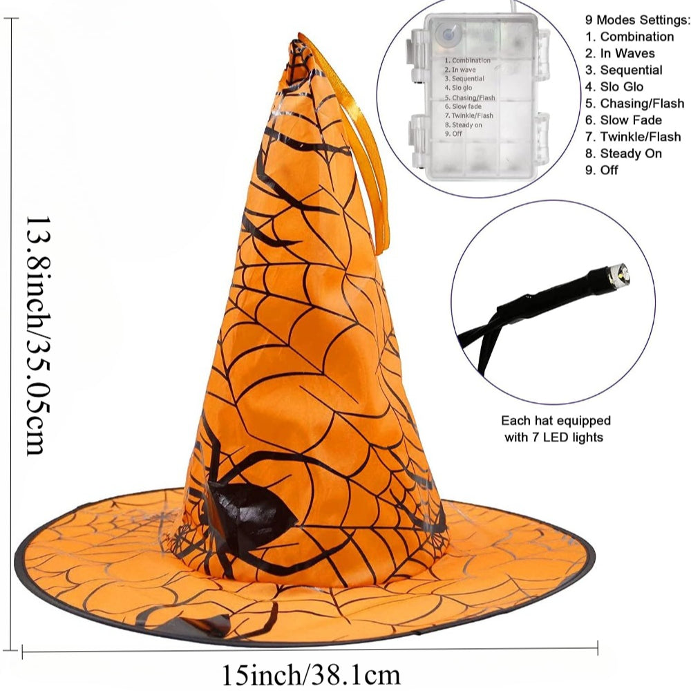 Light-up witch hat string light set, six hats in orange and purple on one LED light string