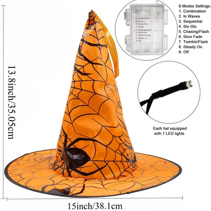 Light-up witch hat string light set, six hats in orange and purple on one LED light string