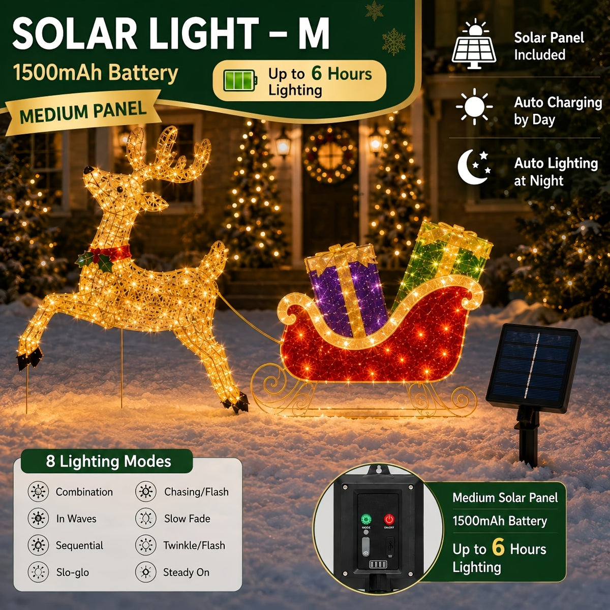 Lighted Sleigh and Reindeer Christmas Decoration, Warm White LED, Solar & USB, Outdoor Decor