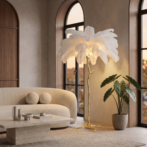 Feather Floor Lamp, Resin Base, White Shade, Soft Warm 2700K