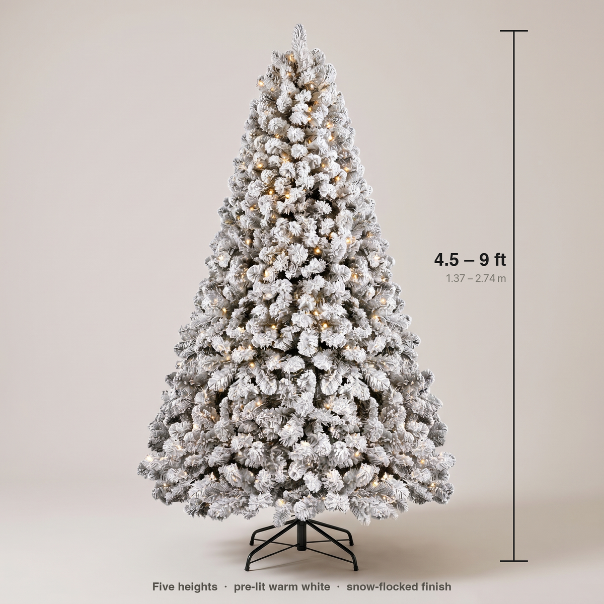 Size guide: flocked tree available from 4.5 ft to 9 ft (1.37 to 2.74 m)