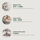 Key specs: 377 to 1991 branch tips, 100 to 605 warm white lights, foldable metal base