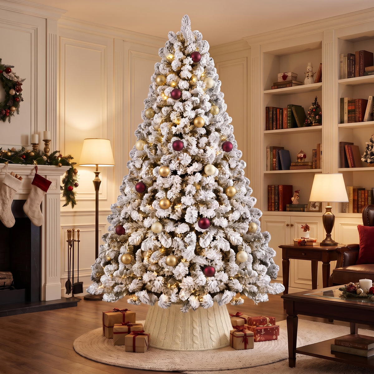 Flocked pre-lit Christmas tree richly decorated in a classic American living room