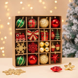 82 piece red, green and gold Christmas ornament set in storage box