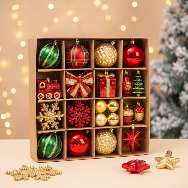 Christmas Tree Decorations, 82 Shatterproof Ornaments, Red & Green Vintage Baubles Set