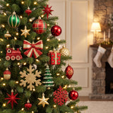 Red, green and gold ornaments hanging in a Christmas tree