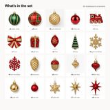 What's in the set: 82 red, green and gold ornaments in 20 designs with counts