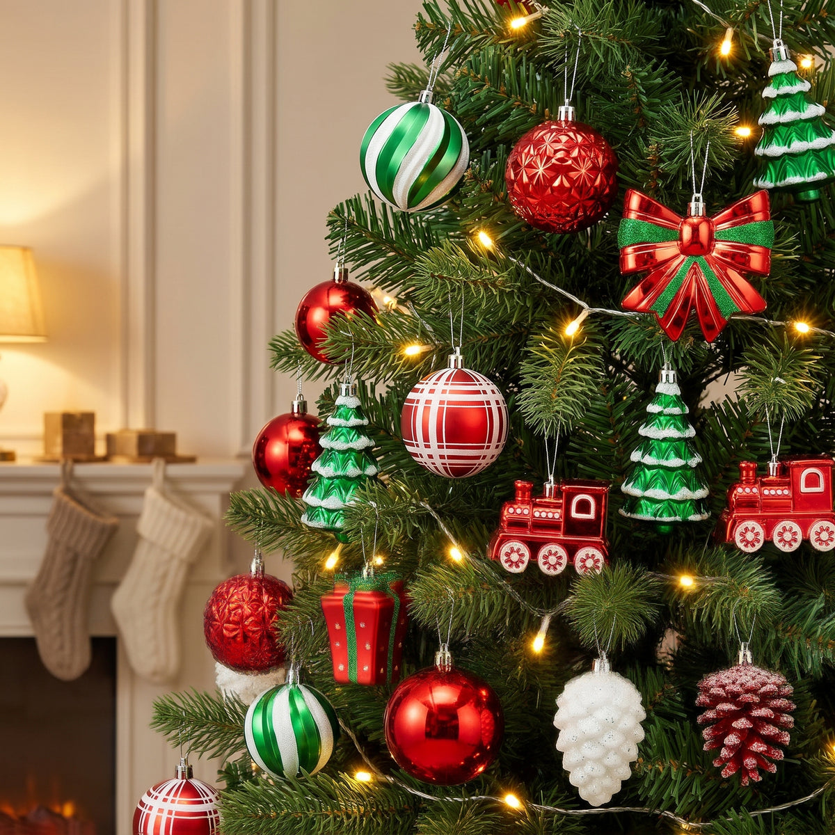 Red, green and white ornaments hanging in a Christmas tree