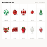What's in the set: 82 assorted red, green and white ornaments