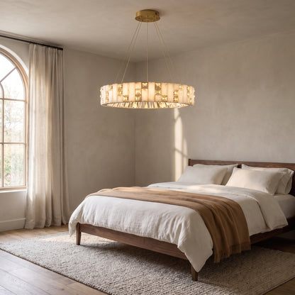 Halcyon ring chandelier in a serene walnut bedroom