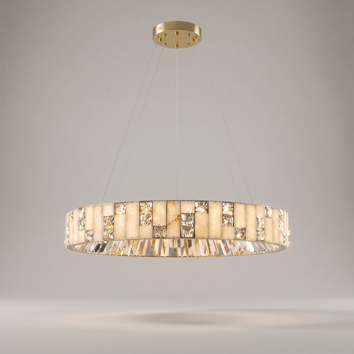 Halcyon alabaster crystal ring chandelier on a warm light grey studio background