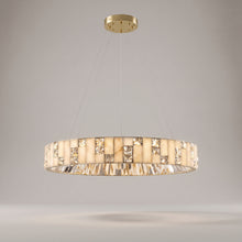 Halcyon alabaster crystal ring chandelier on a warm light grey studio background