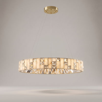 Halcyon alabaster crystal ring chandelier on a warm light grey studio background
