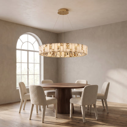Halcyon ring chandelier above a round walnut dining table