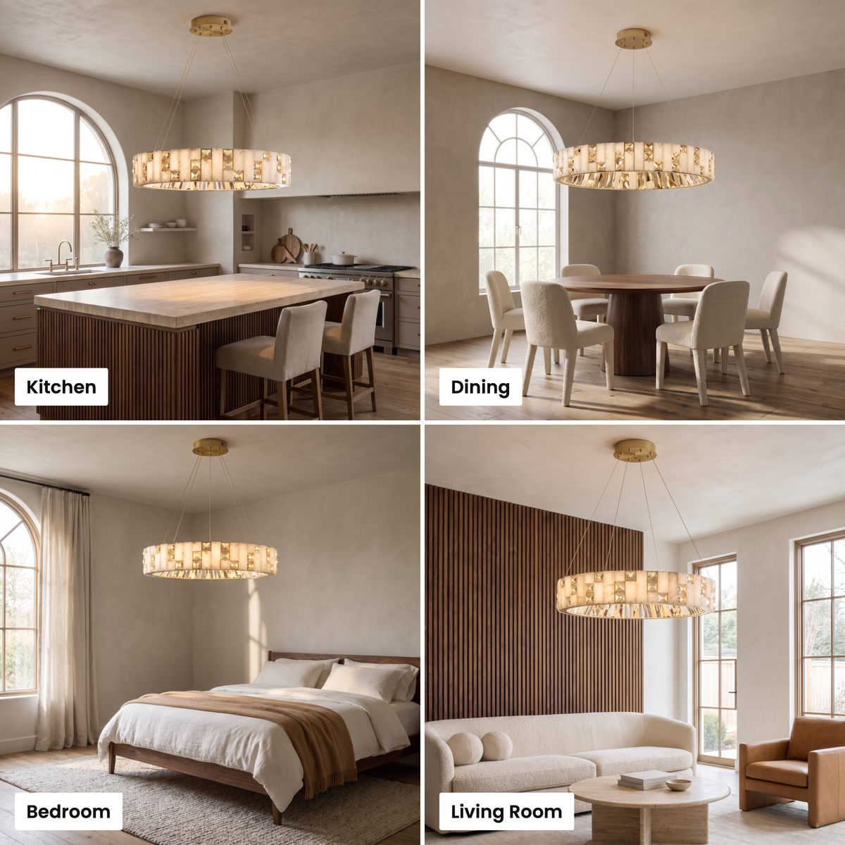 Halcyon ring chandelier shown in kitchen, dining, bedroom and living room settings