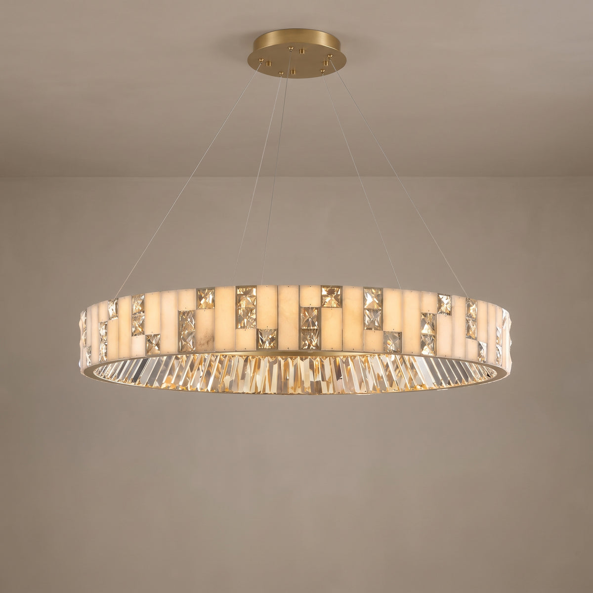 Large Halcyon alabaster crystal ring chandelier, close-up