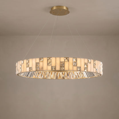 Large Halcyon alabaster crystal ring chandelier, close-up