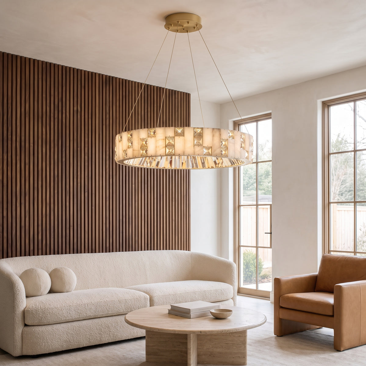 Halcyon ring chandelier in a warm living room
